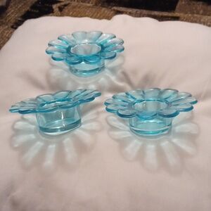 4/$60 Set of Three Blue Flower-Shaped Glass Candle Holders